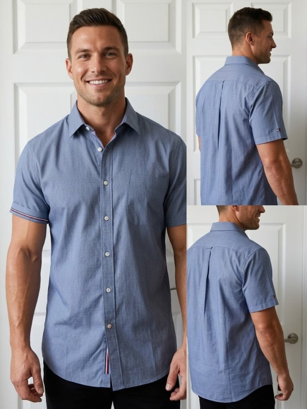 Tommy Hilfiger Mens Short Sleeved Blue Button Down shirt XL 17 17.5"